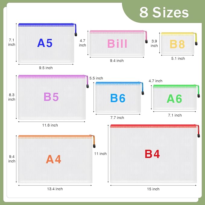 Smarpau 8pcs Mesh Zipper Pouch Bags,8 Sizes 8 Colors Clear Plastic File Bag | Multipurpose Waterproof Document Pouch for Office School Supplies,Travel Storage,Board Game Storage,Home Organize