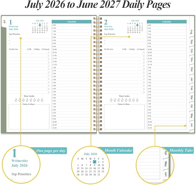 2026-2027 Daily & Monthly Planner - One Page Per Day, Daily Planner from July 2026 - June 2027, Planner 2026-2027 with 12 Monthly Tabs, 8.5" x 11", Green