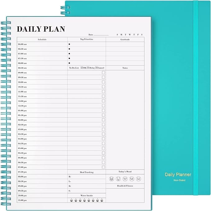 Planner Undated, Asten Daily Planner Agenda with to Do List, Hourly Schedules for Women and Men, Spiral Appointment Book with Elastic Closure, Inner Pocket 8.5" x 11" (Blue)