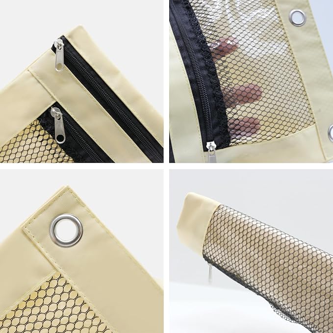 Pencil Pouch for 3 Ring Binder, Heavy Duty Canvas Dual Zipper Pen Bag with Clear Window, Smooth Metal Zipper, Fit Standard 3-Ring Binders for School Office Travel Supplies (Beige)