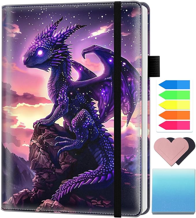 A5 Leather Lined Journal Notebook, 200 Pages Hardcover Executive Notebook for Men Women Office School Note Taking, Thick Writing Paper Daily Journal with Bookmarks/Indexes, Baby Purple Dragon