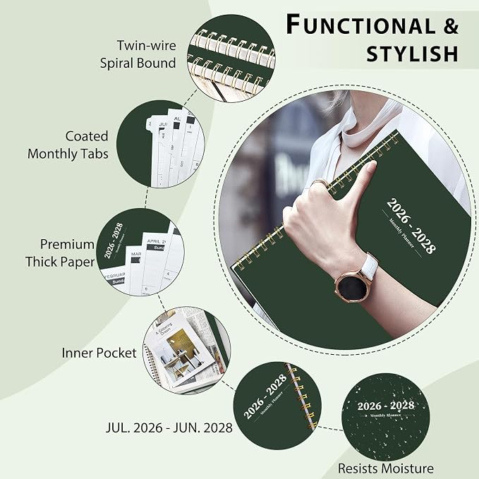 Monthly Planner 2026-2028,2 Year Monthly Calendar Planner,JUL 2026-JUN 2028 | A4(8.5" x 11"),24 Months Planner with Tabs, Spiral Bound, PVC Cover, Inner Pocket for Student, Teacher, School and Office Use