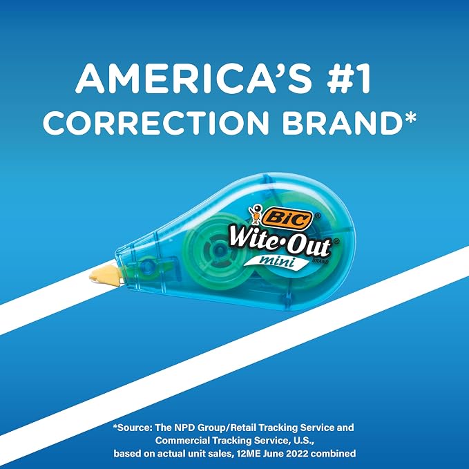 BIC Wite-Out Brand Mini Correction Tape (WOTM11-WHI), 16.4 Feet, white Correction Tape, Compact Tape Office or School Supplies (Pack of 12, 144 Count Total)