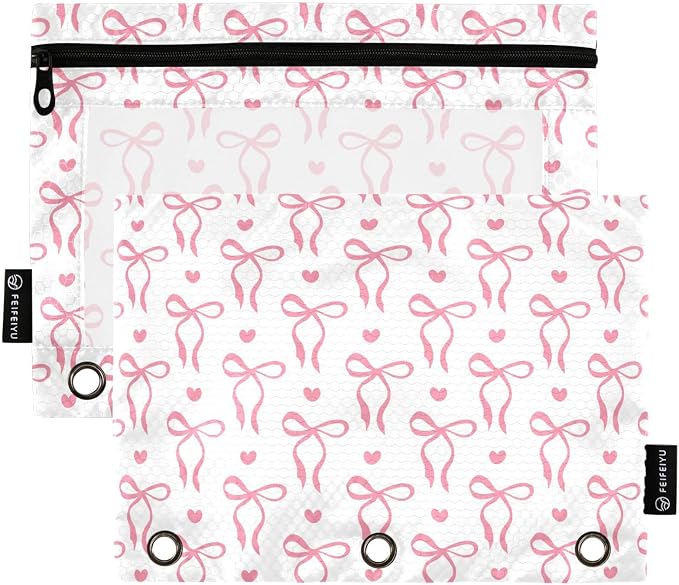 Gredecor 3 Ring Binder Pencil Pouch, Romantic Pink Bows Hearts Zippered Pen Case Pouches with Clear Window, 2 Pack Stylish Office & School Supplie