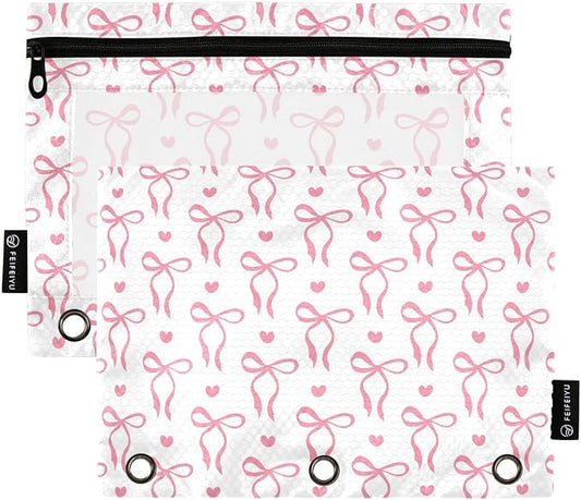 Gredecor 3 Ring Binder Pencil Pouch, Romantic Pink Bows Hearts Zippered Pen Case Pouches with Clear Window, 2 Pack Stylish Office & School Supplie