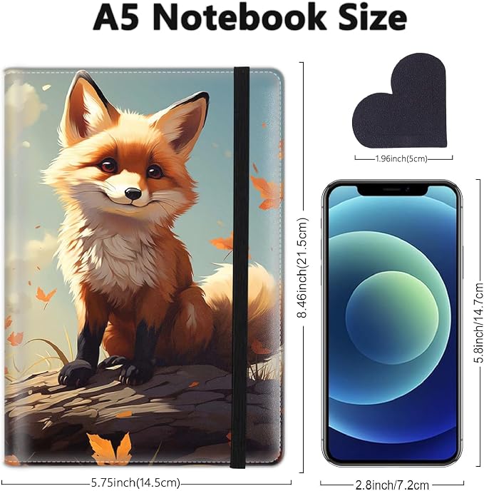 A5 Leather Lined Journal Notebook, 200 Pages Hardcover Executive Notebook for Men Women Office School Note Taking, Thick Writing Paper Daily Journal with Bookmarks/Indexes, Cute Fox