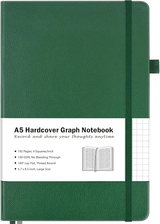 Graph Paper Notebook, Hardcover Leather Grid Notebook Journal for Women Men | No Bleed Thick Paper for Smooth Writing, Lay Flat, A5 Portable Size for Work, School, and Travel, Professional Business Style