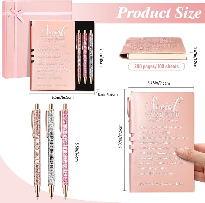 Resurhang 5 Pcs School Social Worker Must Haves Office Supplies Gift Leather Journal Notebook 3 Ballpoint Pens with Box Thank You Social Work Appreciation Gift for BSW MSW DSW(Pink)