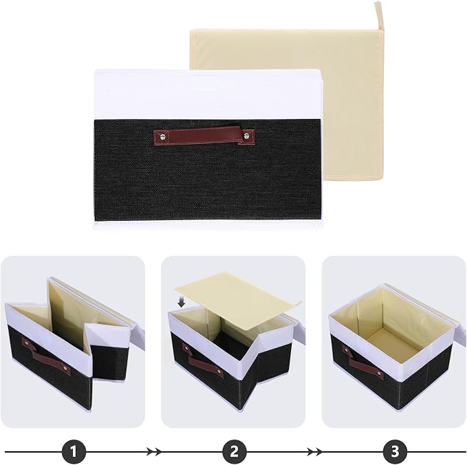 ANMINY 2PCS Storage Boxes with Lids Washable Decorative Storage Bins Basket with PU Leather Handle Foldable Linen Fabric Storage Cubes Containers for Home Closet Organizer - Black White, Medium