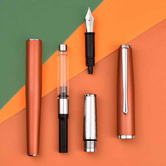 Hongdian 920 Orange Metal Fountain Pen, Steel Fine Point Classic Pen, Includes Refillable Converter and Pen Pouch