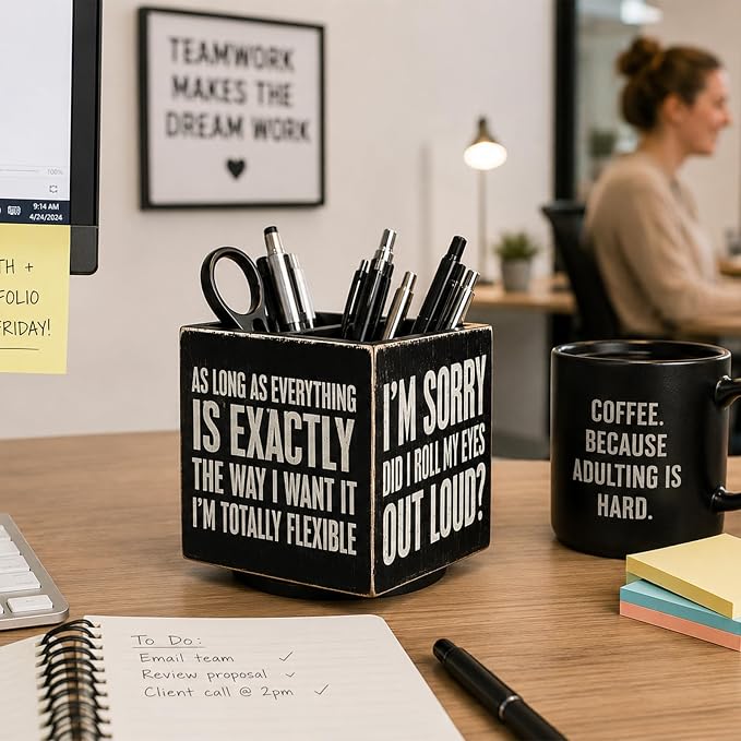 Outus Funny Coworker Gift Pen Holder for Desk, Sarcastic Office Desk Decor, Rotating Wooden Pencil Holder, Funny Office Gift for Women Men Boss Coworkers (Black)
