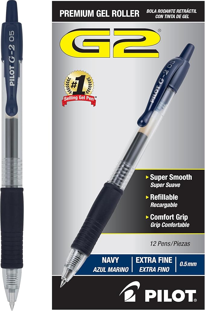 Pilot G2 Premium Refillable and Retractable Rolling Ball Gel Pens, Extra Fine Point, Gel Ink Pens, 0.5mm, Navy Blue Ink, 12-Pack