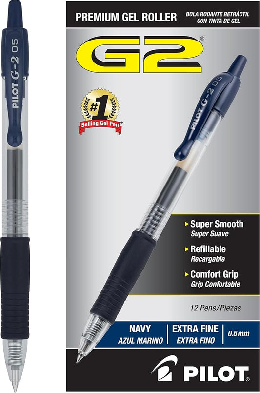 Pilot G2 Premium Refillable and Retractable Rolling Ball Gel Pens, Extra Fine Point, Gel Ink Pens, 0.5mm, Navy Blue Ink, 12-Pack