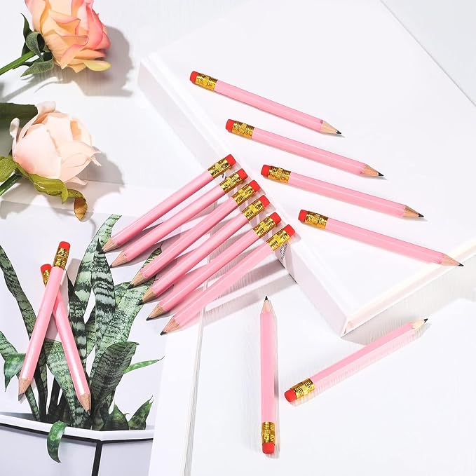 Zonon 24 Pcs Pink Golf Pencils with Erasers Mini Small Pencils Baby Shower Favors Bulk Hexagon Wooden Sharpened Half Graphite 2B for Golf Event, Wedding, Party Game, School, Company, Pew, Pocket