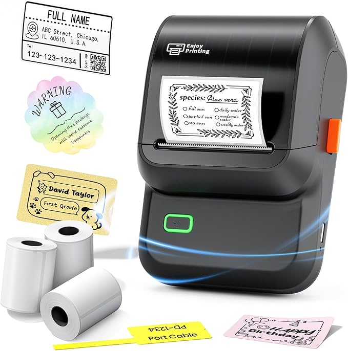 Label Maker Machine with 3 Tapes, Portable Bluetooth Theraml Printer, Black | 2 inch Inkless Label Printer with 6000+ Templates, Easy to Use for For Small Business，Home，School，Organization ,Office