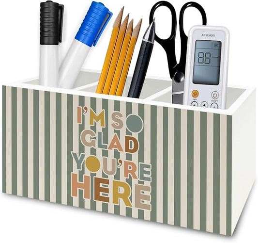 Boho Classroom Pen Pencil Holder Organizer for Desk, I'm So Glad You're Here Sage Green Striped Wooden Box Signs Decorations for Kids Boys Girls Room Bedroom Classroom Desk Tabletop