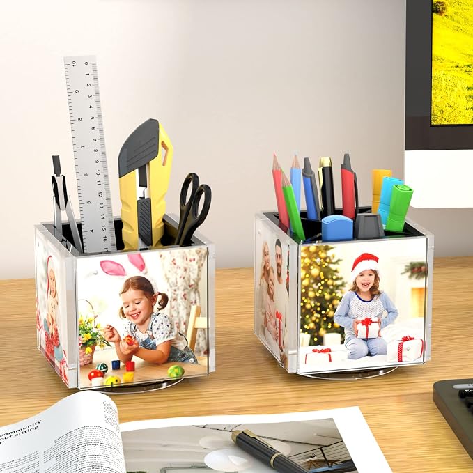HIIMIEI Acrylic Picture Frames for Desk, Magnetic Photo Cube Pen Holder 4x4 | 360° Rotating Desktop Organizer, for Pencil, Makeup Brushes, Home, Office, Black