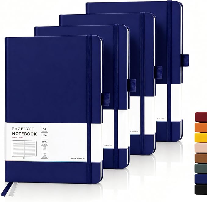 PAGELYST Lined Journal Notebook, 4 Pack Leather Journal for Women Men, 200 Numbered Pages, A5 Medium 5.7'' x 8.3'', 100 GSM Thick Paper for Journaling, Writing, Work & Office (Dark Blue)