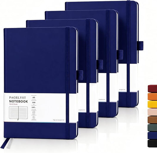 PAGELYST Lined Journal Notebook, 4 Pack Leather Journal for Women Men, 200 Numbered Pages, A5 Medium 5.7'' x 8.3'', 100 GSM Thick Paper for Journaling, Writing, Work & Office (Dark Blue)