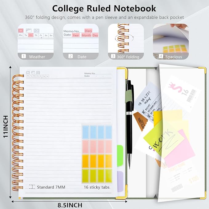 Hardcover Spiral Notebook College Ruled, 8.5"x11" Leather Journal Notebook with Magnetic Closure, 300 Pages 5 Subject Notebook with Dividers Tabs Journal for Women Men, Work, School(Sage Green)