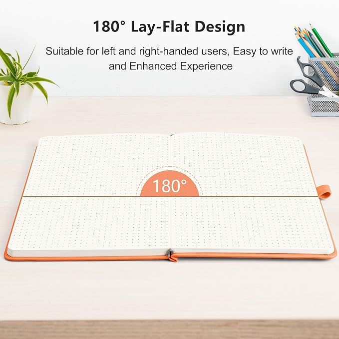 RETTACY Dotted Journal Notebook, 192 Pages, A5 Medium Size (5.7'' x 8.3'') | Leather Hardcover, 100 GSM Thick Paper, for Journaling, Planning, Tracking (Orange)