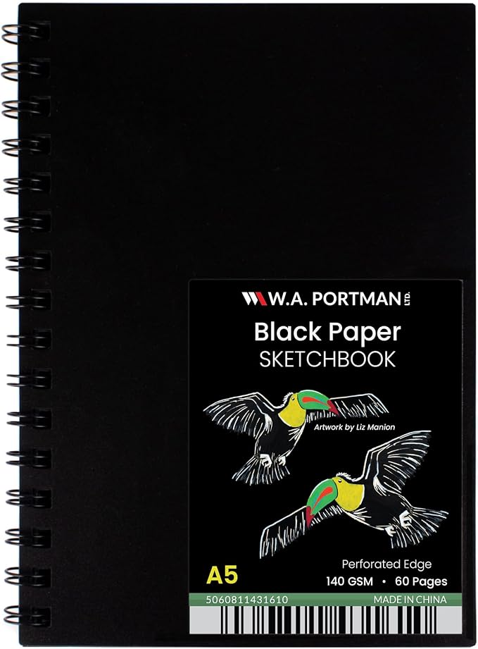 WA Portman Black Paper Sketchbook A5 (6" x 8.25") – 140 GSM Acid-Free Black Paper Notebook, 60 Pages (30 Sheets) Spiral Scrapbook Journal, Mixed Media Sketch Drawing Pad for Kids & Adults