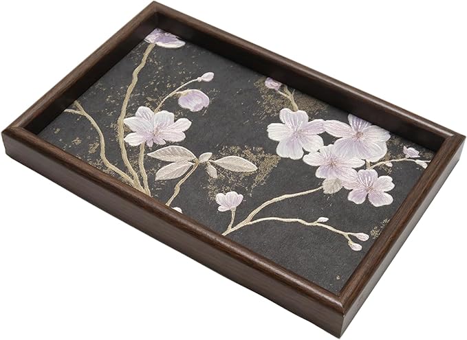 Wooden Valet Tray with Floral Base, EDC Catch All Tray Nightstand Entryway Table Vanity Organizer 11.8x7.9, Black Vintage Blossoms