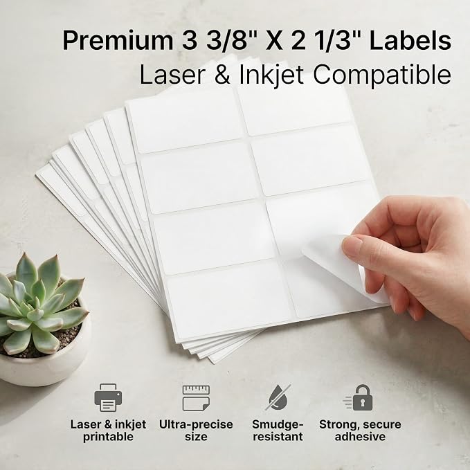 2 1/3" X 3 3/8" Matte White Printable Labels (500 Sheets, 4000 Stickers) Name Tag Stickers, Address and Shipping Labels for Laser & Inkjet Printers - Spartan Industrial Template R013