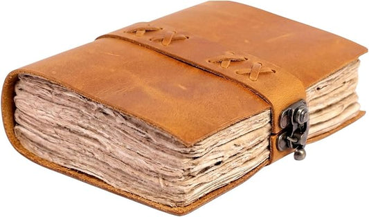 LEATHER KART Leather Bound Vintage Journal for Women & Men – Book of Shadows – Lock Closure – 200 Pages of Antique Deckle Edges Handmade Paper (Saddle Tan, 10 x 7 inches)