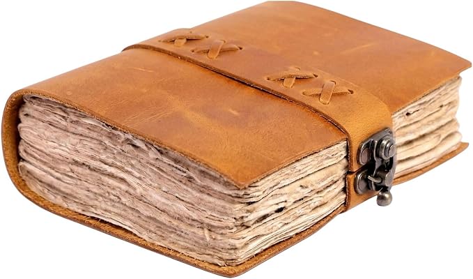 LEATHER KART Leather Bound Vintage Journal for Women & Men – Book of Shadows – Lock Closure – 200 Pages of Antique Deckle Edges Handmade Paper (Saddle Tan, 6 x 4 inches)