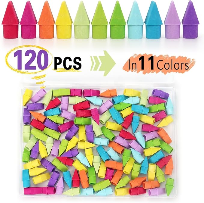 ZZTX 120 Pack Pencil Top Erasers 11 Assorted Colors | Erasers for Pencils, Eraser Caps, Topper Erasers for Kids School