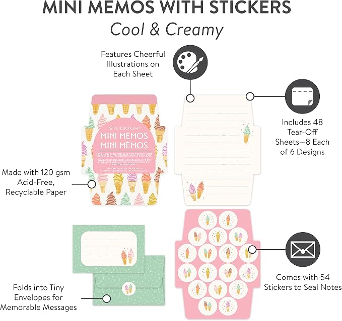 Studio Oh! Blank Mini Note Cards with Sticker Seals, 48 Tear-Off Foldable Memos, Tiny Envelope Notes, 6 Designs, 54 Stickers for All Occasion, Thanks, Party Invitations, Cool and Creamy