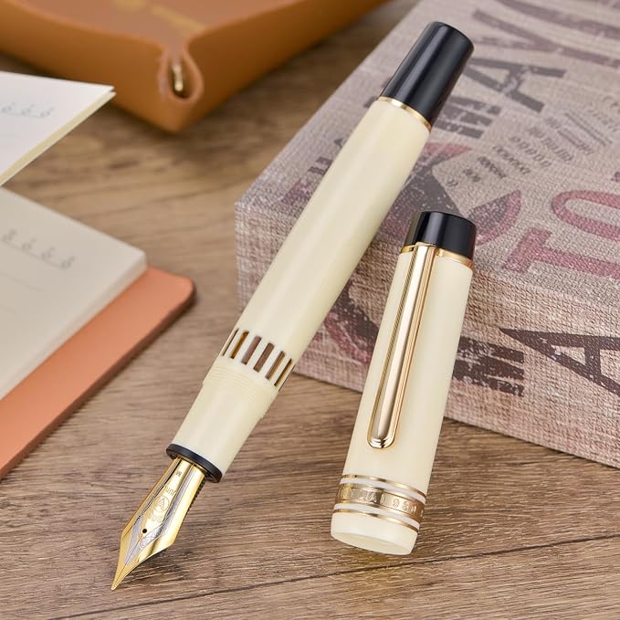 Wikult Yongsheng Junlai 930 Acrylic Fountain Pen, Size 9 Fine Nib with Piston Filling System, Ivory White Fence Ink Tank with Flat Top Design Smooth Writing Pen (Gold Trim)