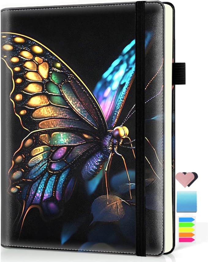 Hardcover Executive Notebooks, A5 PU Leather Lined Journal Notebook, 200 Pages Thick Paper Subject Notebooks for School,Work,Home Writing Business Notebook, Diary Book, Colorful Butterflies