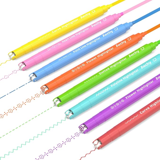 AECHY Curve Highlighter Pens Set, 8PCS Dual Tip Pattern Markers, 6 Designs | Chisel Tip & Pattern Roller for Journaling, Planners, Note Taking, Drawing, Scrapbooking, Classroom Projects &School Supplies