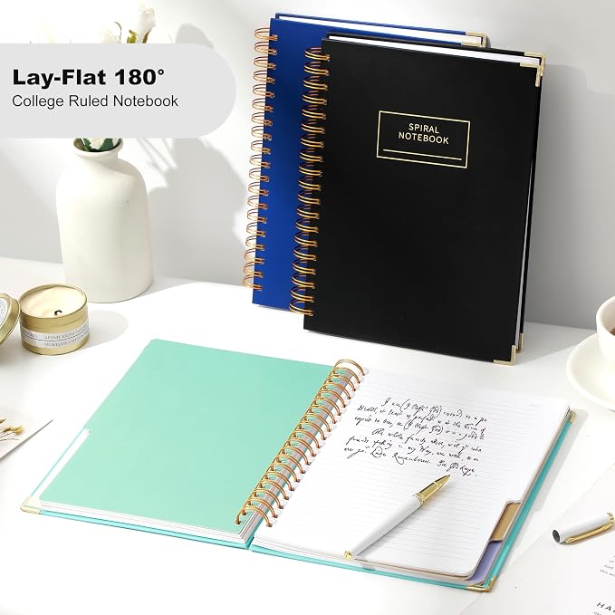 Yoment 2 Pack 5 Subject Notebook College Ruled, Hardcover Spiral Notebooks for Work School, B5 Multi Subject Notebook with Tabs Dividers, 240 Pages Lined Journal for Women Men, Pink&Black