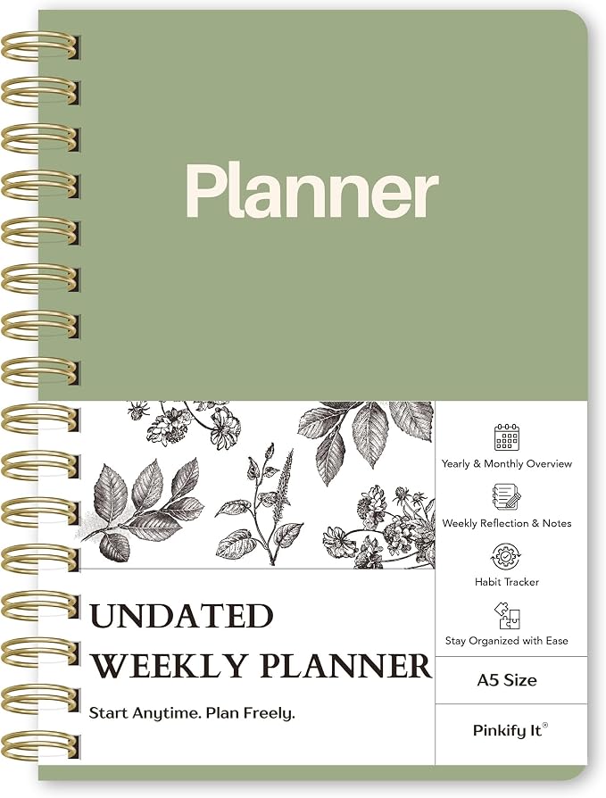 Undated Weekly Planner, A5, Dashboard Layout, Sage Green | Dateless, Top Priorities, To Do List, Habit Tracker, Weekly Notes Space, Weekly Reflection, For Work, School & Life