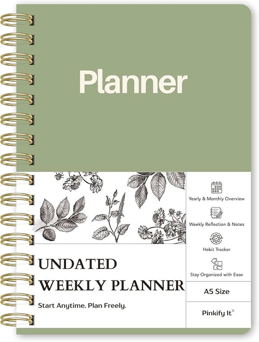 Undated Weekly Planner, A5, Dashboard Layout, Sage Green | Dateless, Top Priorities, To Do List, Habit Tracker, Weekly Notes Space, Weekly Reflection, For Work, School & Life