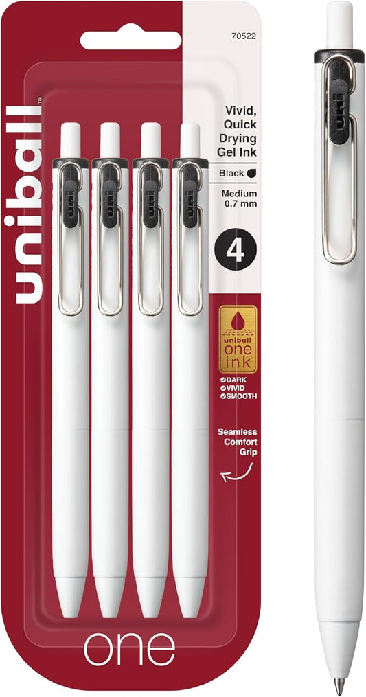 uniball™ one Retractable Gel Pens, Medium Point (0.7mm), Black Ink, 4 Pack | Ink stays on top of paper fibers for crisp vivid lines, wire pocket clip, color indicator top, smooth barrel & rubber grip