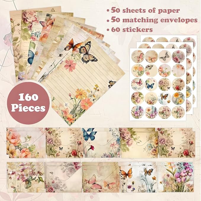 FUNCLASS 160 Pcs Vintage Butterfly Stationery Set Letter and Envelopes | 50 Lined Stationery Paper and 50 Matching Envelopes , 5.5 x 8.25 Inches Letter Writing Stationery for Home, Office, School