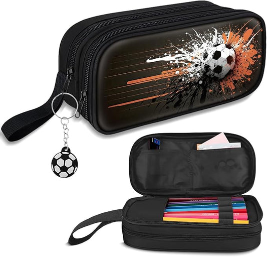 TILYTADLY Large Pencil Case for Boys - Soccer Boys Pencil Pouch with Zipper Compartments - Big Capacity Pen Box Pen Bag Organizer with Keychain for Kids Teens School