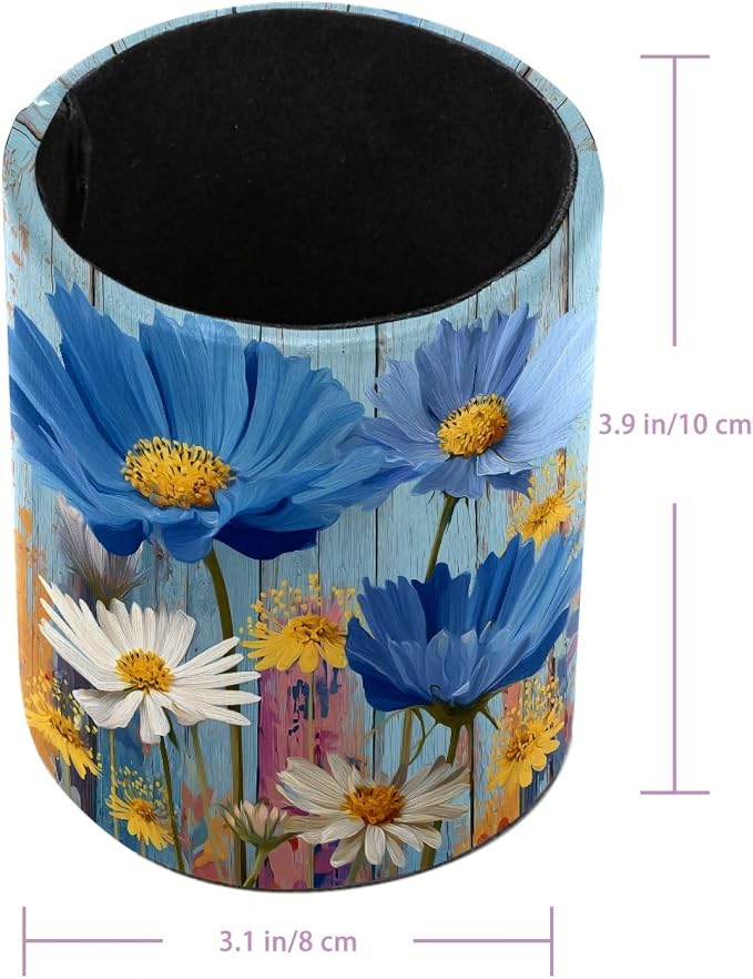 Rural Wooden Flowers Leather Pen Holder for Desk, Multifunctional Desktop Organizer Pencil Cup, Desktop Caddy Stationery Organizer for School Home Office Desk Accessories