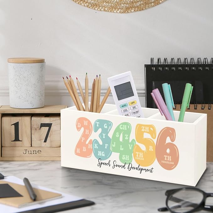 Speech Therapy Wooden Pen Pencil Holder for Desk, Speech Sound Development SLP Mental Health Wood Makeup Brush Toothbrush Holder Organizer for SLP Therapist Office Clinic Kids Room
