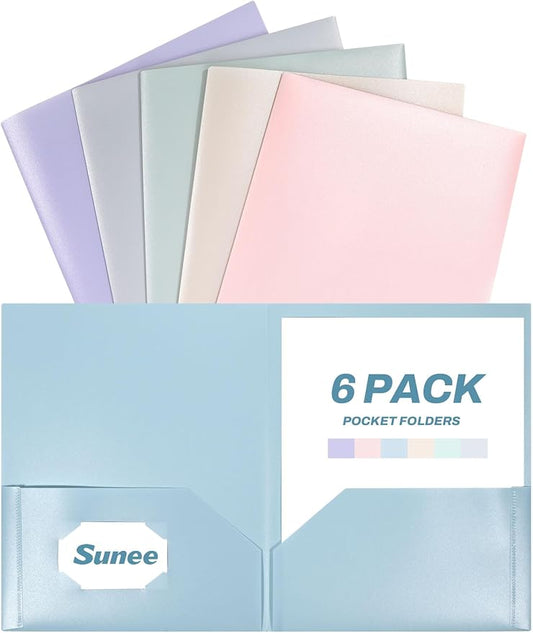 SUNEE Folders with Pockets (6 Pack, Pastel Colors), Plastic Folder with Pocket, Poly Folder for Documents Letter Size, 2 Pocket Folders for Kids, Home, School, Office