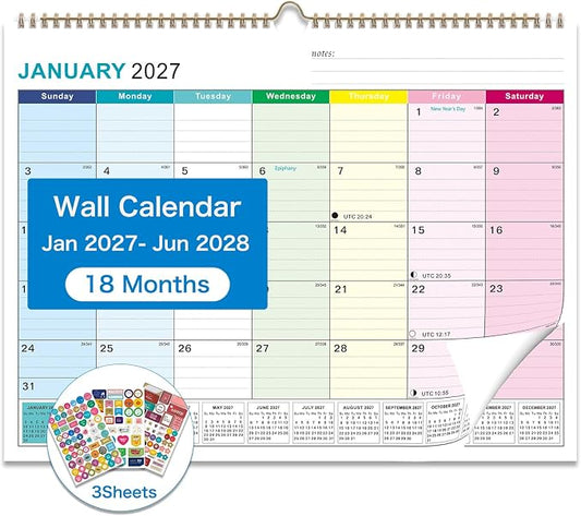 2027-2028 Wall Calendar, Calendar 2027-2028, 18 Month Calendar January 2027 - June 2028, 14" X 11", Calendar with Twin-Wire Binding, Hanging Hook and Julian Dates (Colorful)