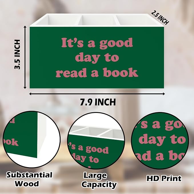 Book Lover Gifts Pen Pencil Holder Organizer for Desk, It's Good Day to Read a Book Bookish Pink and Green Wooden Box Signs Decorations for Reading Room Desk Tabletop, Reader Bookworm Gifts