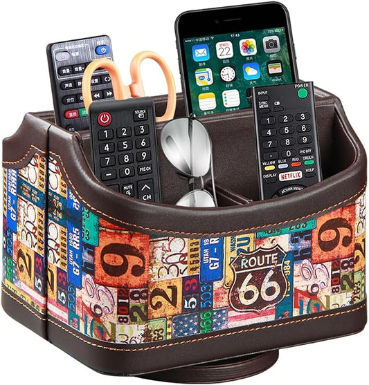 PUSU Remote Control Holder,Colorful Pattern Nightstand TV Caddy,Pen Holder | PU Leather 360 Degrees Rotatable Desktop Organizer Storage Box for TV Remotes/Media Controllers/Office Supplies/Mail