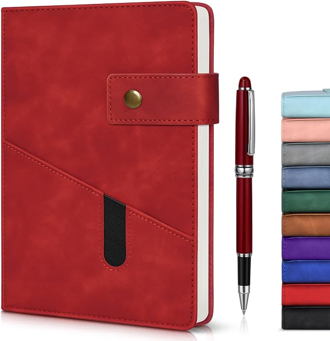 Lined Journal Notebook with Pen, A5 Personalized Hardcover Leather Journal for Men Women, 200 Pages 100 GSM Thick Paper College Ruled Notebooks for Work Travel School Writing Diary 5.9" X 8.4" Red