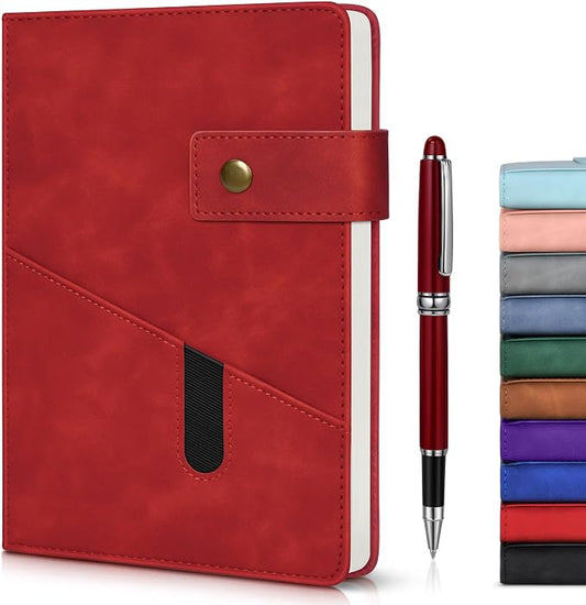 Lined Journal Notebook with Pen, A5 Personalized Hardcover Leather Journal for Men Women, 200 Pages 100 GSM Thick Paper College Ruled Notebooks for Work Travel School Writing Diary 5.9" X 8.4" Red