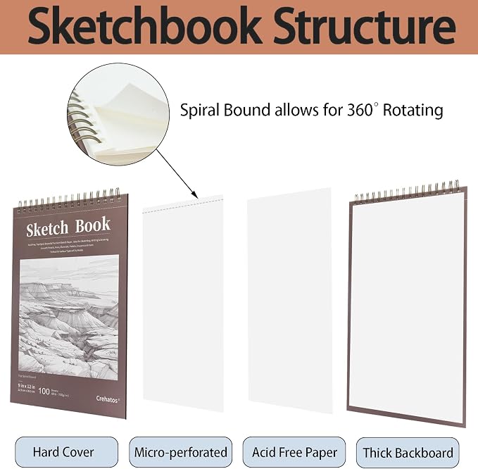 Crehatos 9" x 12" Sketch Book, Top Spiral Bound Sketch Pad, 100 Sheets 68lb/100gsm Drawing Paper, 1 Pack | Top Spiral Bound Sketch Pad, 68lb/100gsm Drawing Paper for Dry Media